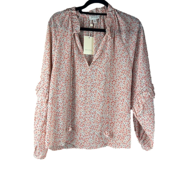 See u Soon Floral  Semi Sheer Long Sleeve Top with Ruffle - Picture 1 of 10